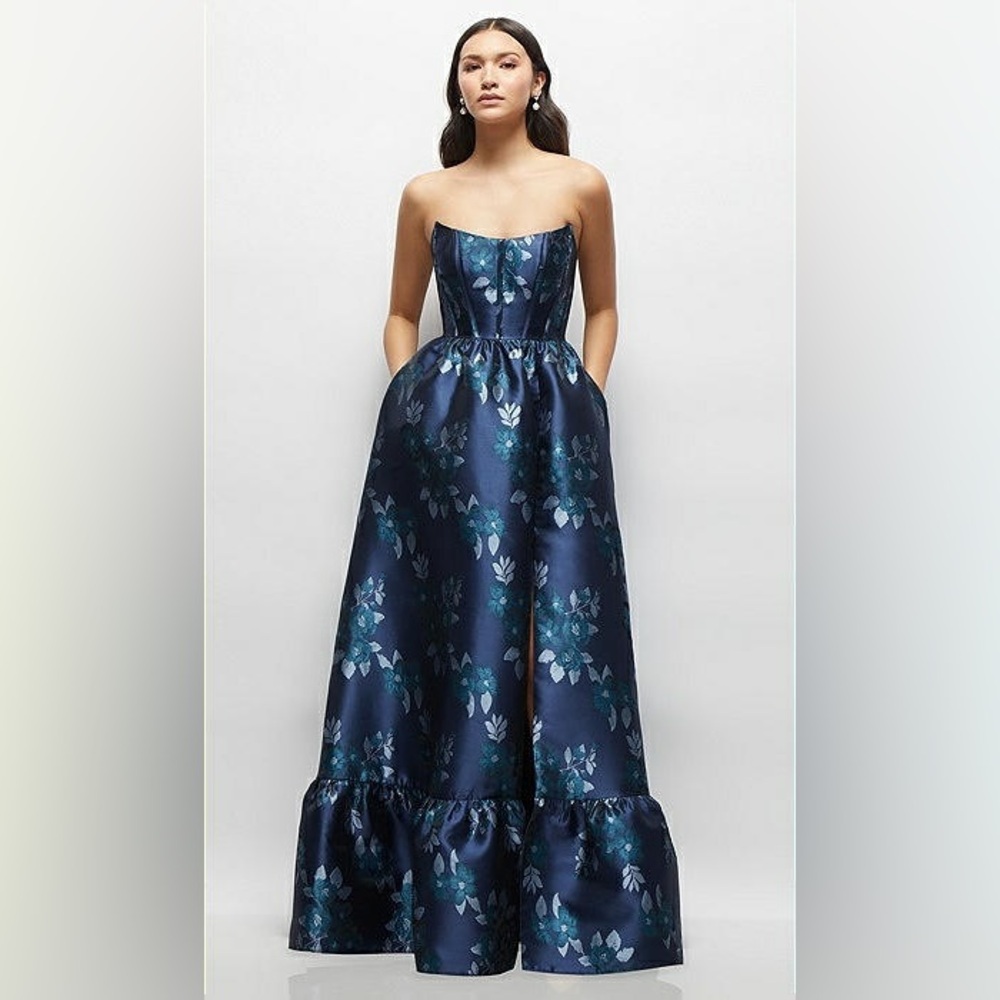 Dessy Collection ; Women's Navy Rose Damask Strapless Cat-Eye Bodice Maxi Dress